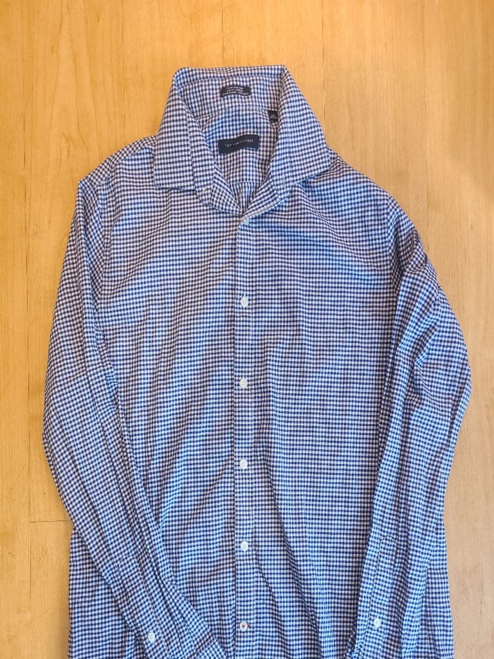 Tommy Hilfiger Mens Shirt Size Large Blue White Gingham No Tuck Slim Fit Stretch